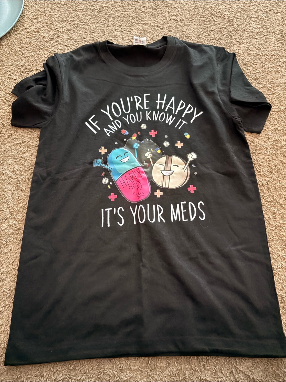 BRAND NEW Halo Black Short-Sleeve Graphic Tee with Colorful Pill Characters